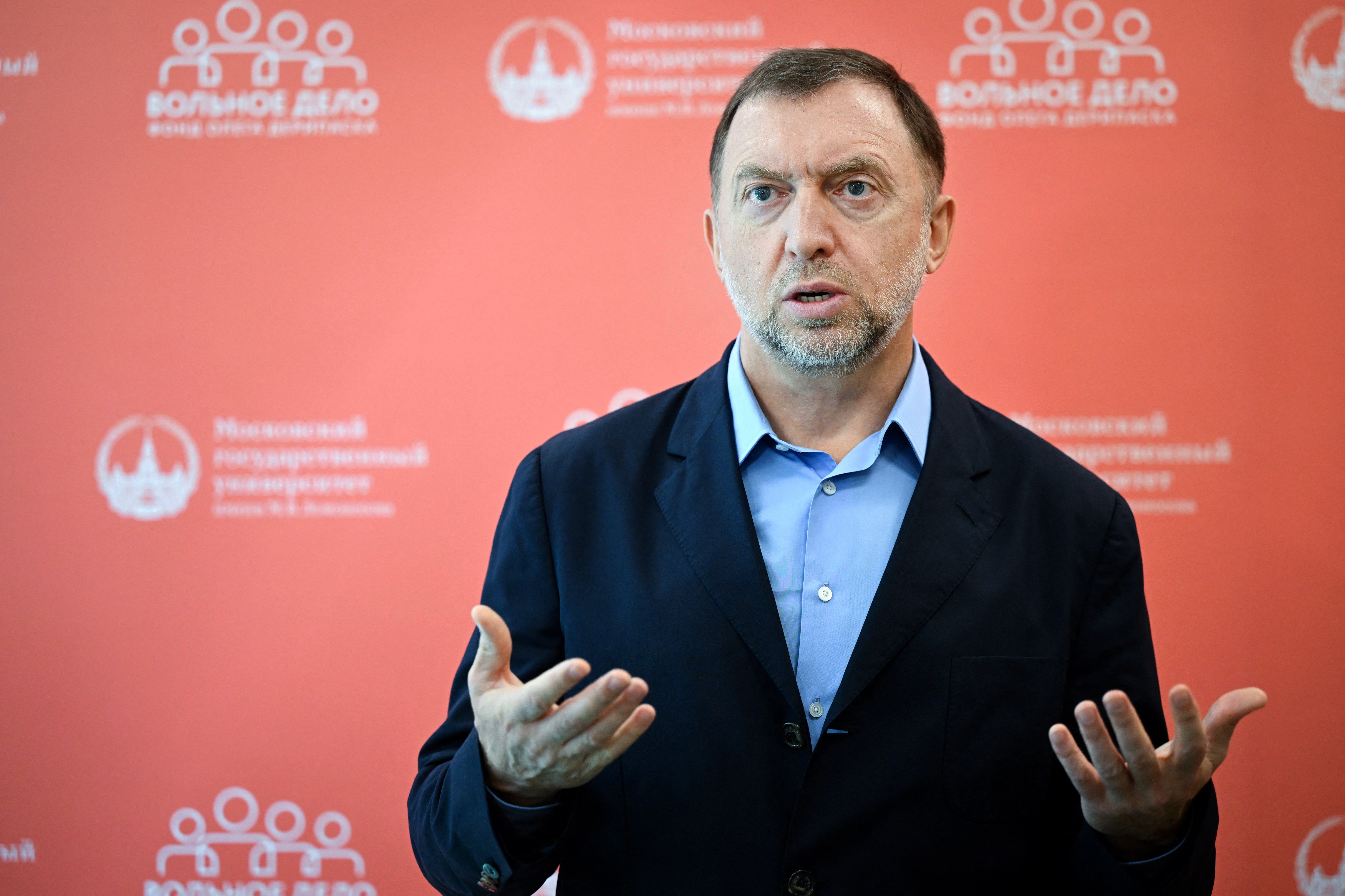 Russian oligarch Oleg Deripaska addresses media representatives during a press conference in Moscow on June 28, 2022. He was affected by the work of the DOJ task force