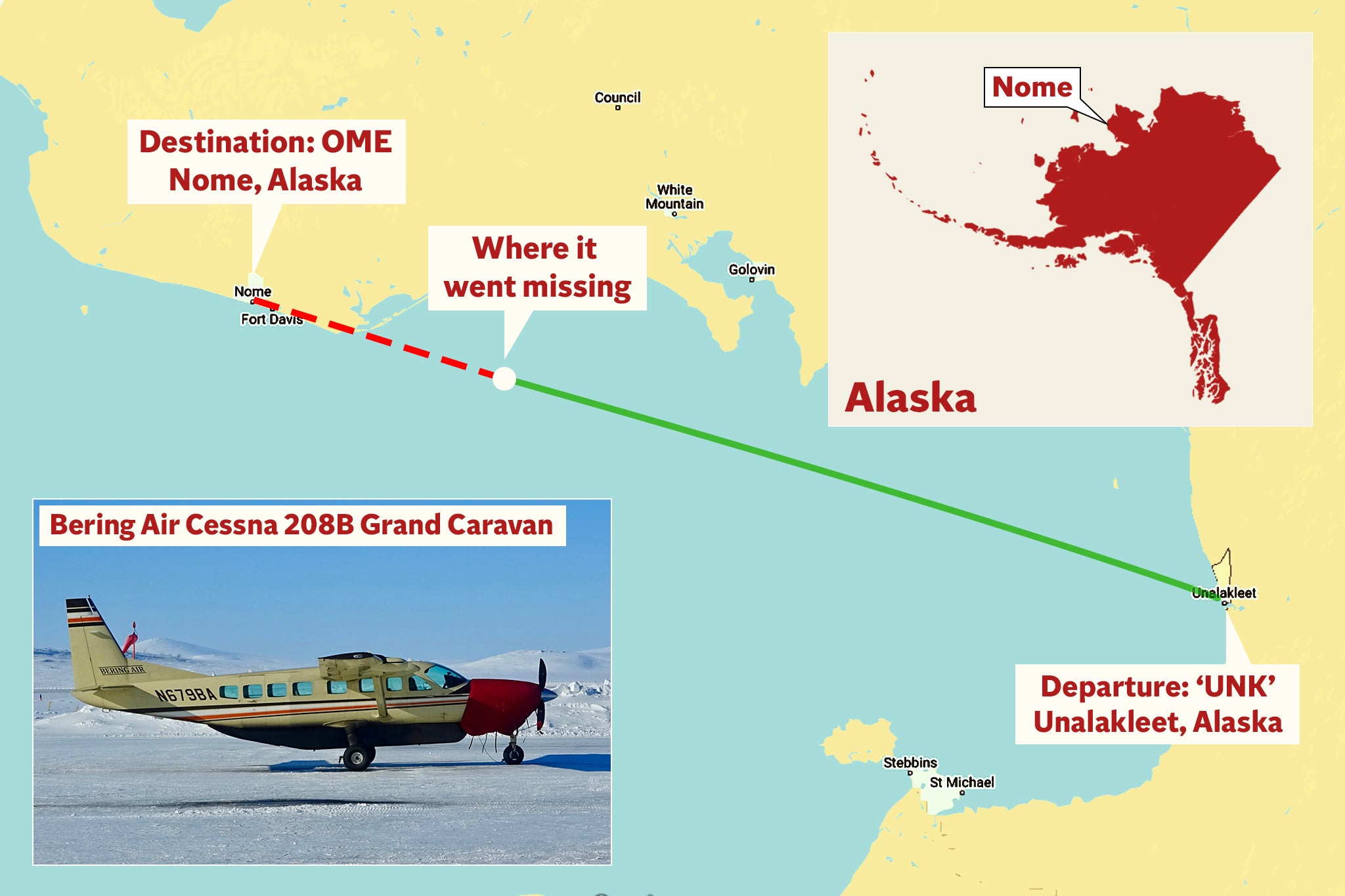 A map depicting where the plane went missing on its way to Nome