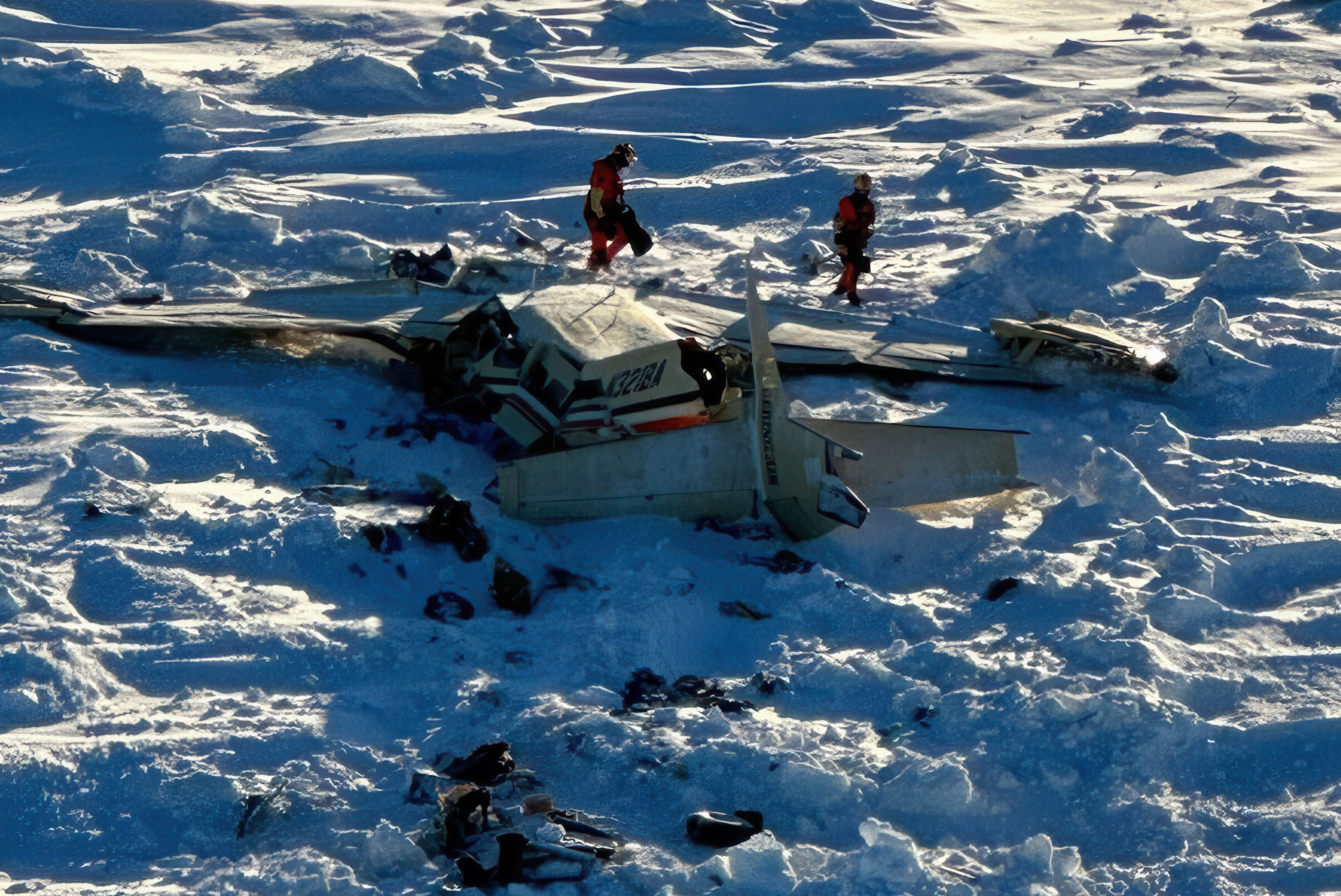 araffe plane in the snow with people walking around it