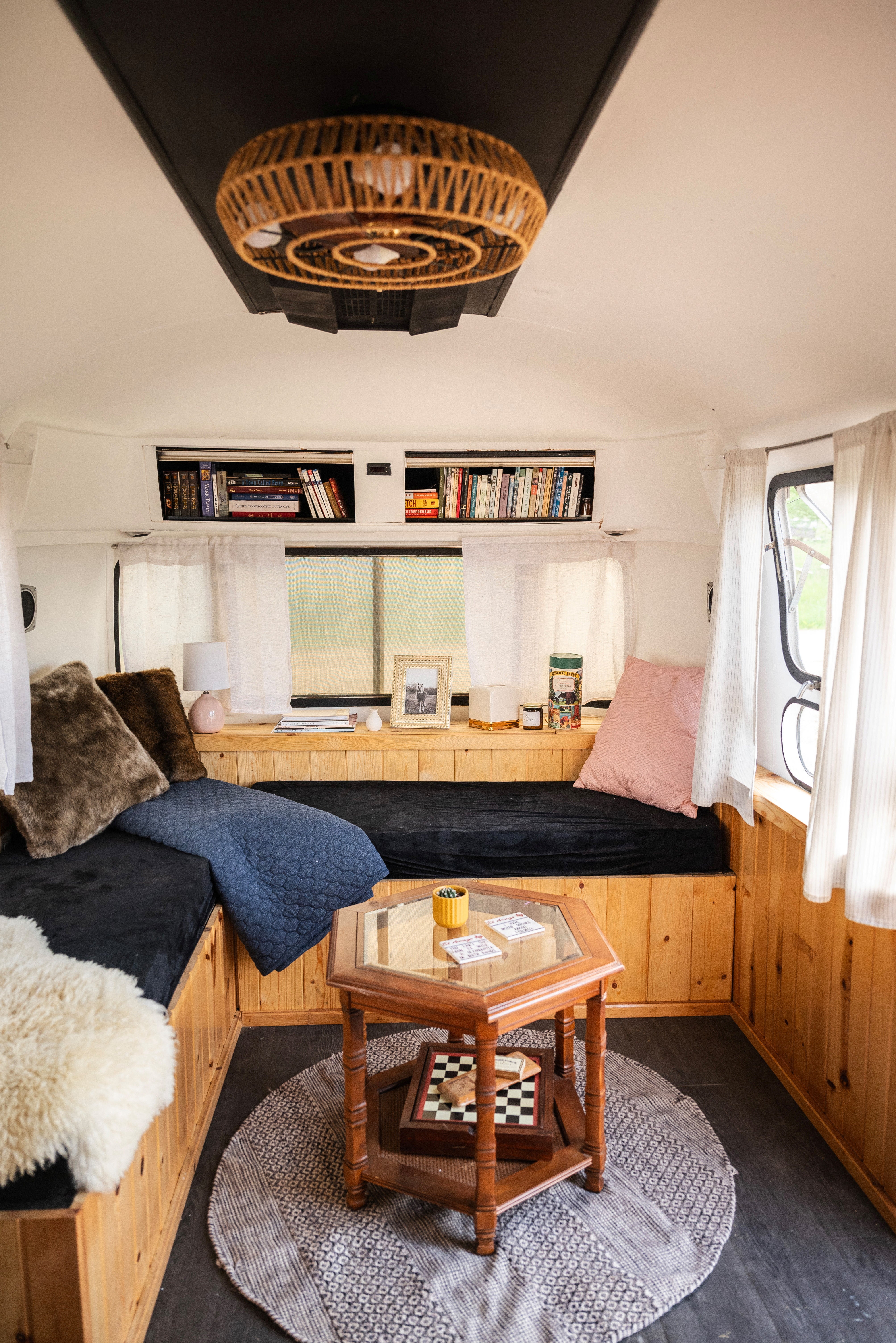 The interior of farmer Brit Thompson's vintage Airstream camper, being used as an Airbnb rental to capitalize on an explosion of city dwellers and suburbanites flocking to rural areas for vacations, is seen on Thompson's Pink River Ranch in Blanchardville, Wisconsin