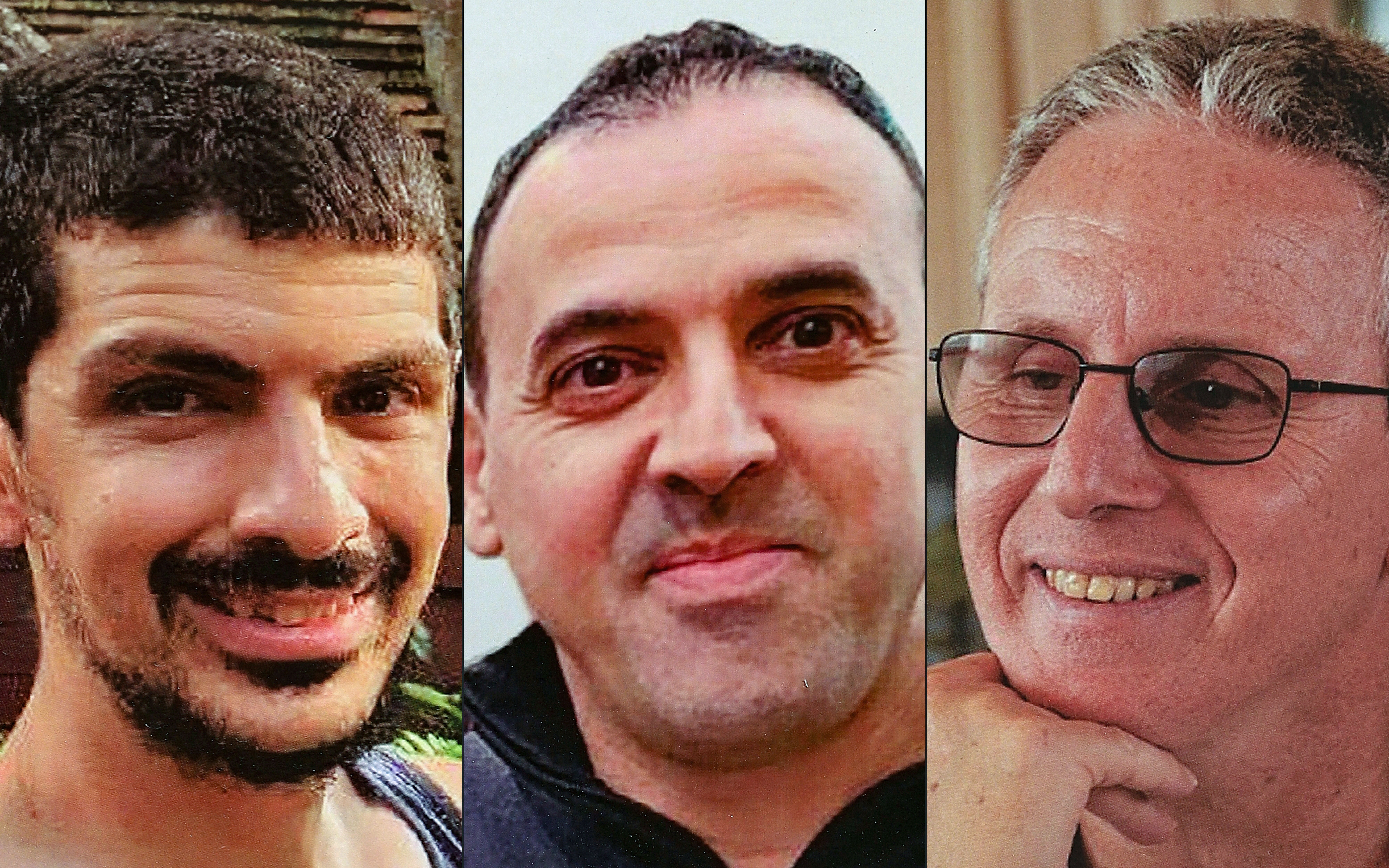 This combination of pictures created on February 7, 2025, shows portraits of Israeli hostages (L to R) Or Levy, Eli Sharabi and Ohad Ben Ami, held in the Gaza Strip since the October 7, 2023 attack by Hamas militants