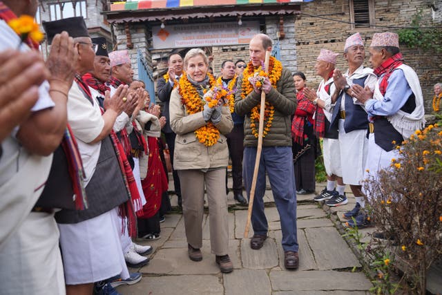 The Duke and Duchess of Edinburgh enjoyed a traditional welcome ceremony when they visited Ghandruk (Yui Mok/PA)