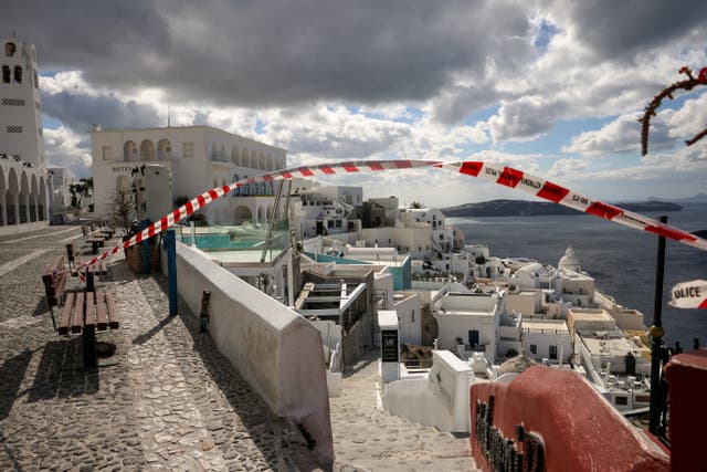 <p>A view of a closed path in the village of Fira, as the increased seismic activity continues on the island of Santorini, Greece, February 7, 2025</p>