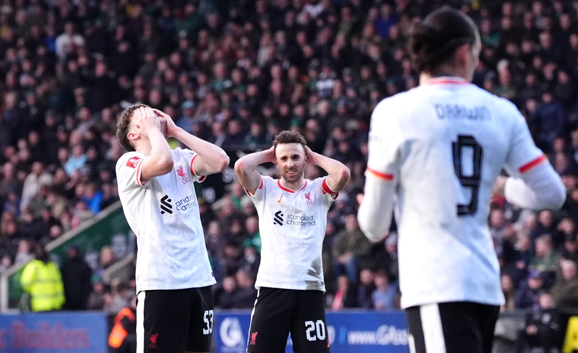 James McConnell, left, reacts to a missed chance