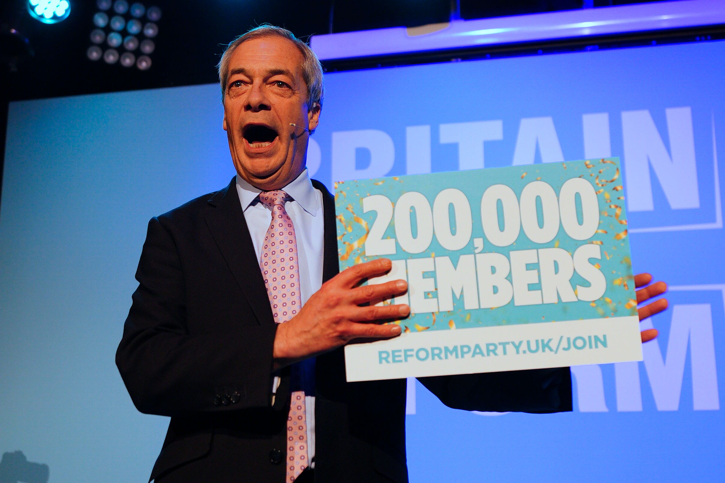 Reform UK leader Nigel Farage celebrated his party’s membership numbers exceeding 200,000 at a regional conference event in WIltshire (Ben Birchall/PA)