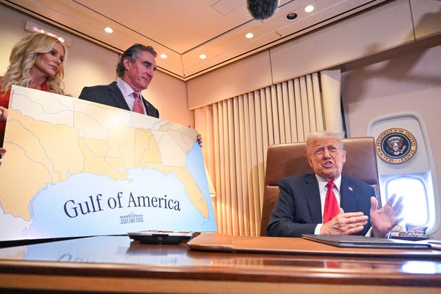 <p>US President Donald Trump speaks to the press before signing a proclamation renaming the Gulf of Mexico as the Gulf of America aboard Air Force One at Palm Beach International Airport in West Palm Beach, Florida </p>