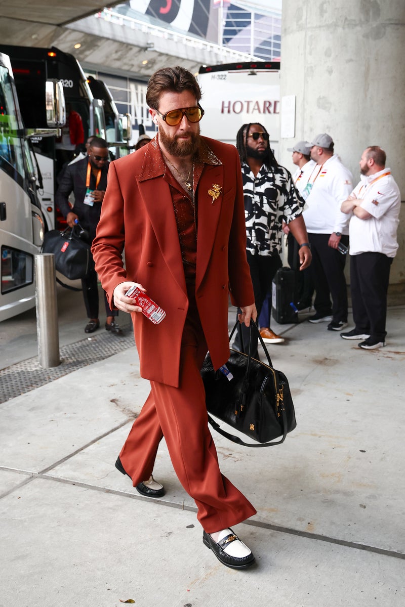 Travis Kelce draws bemused reactions for Seventies-inspired Super Bowl outfit