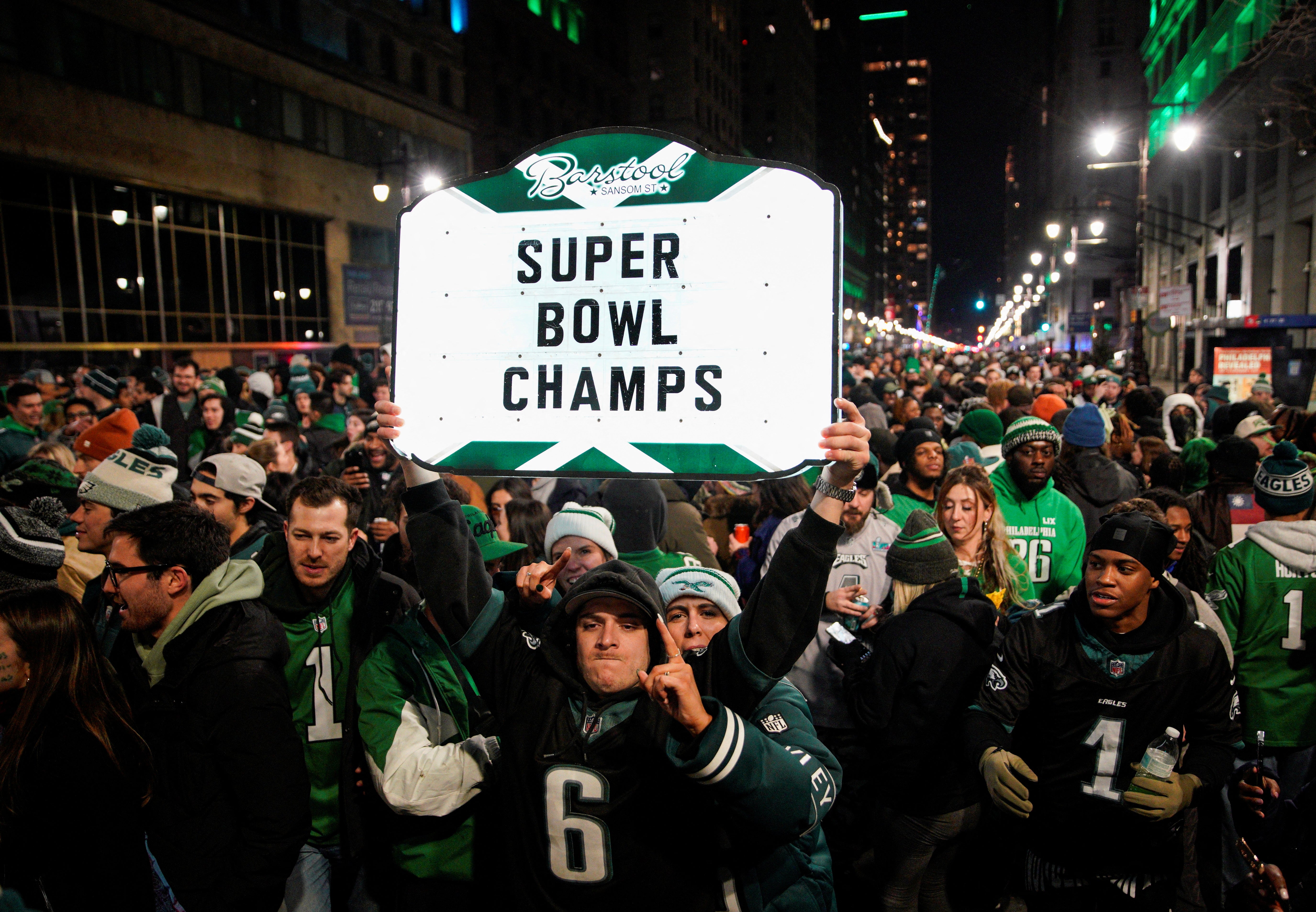 Thousands of Eagles fans flocked to downtown Philadelphia streets on Sunday