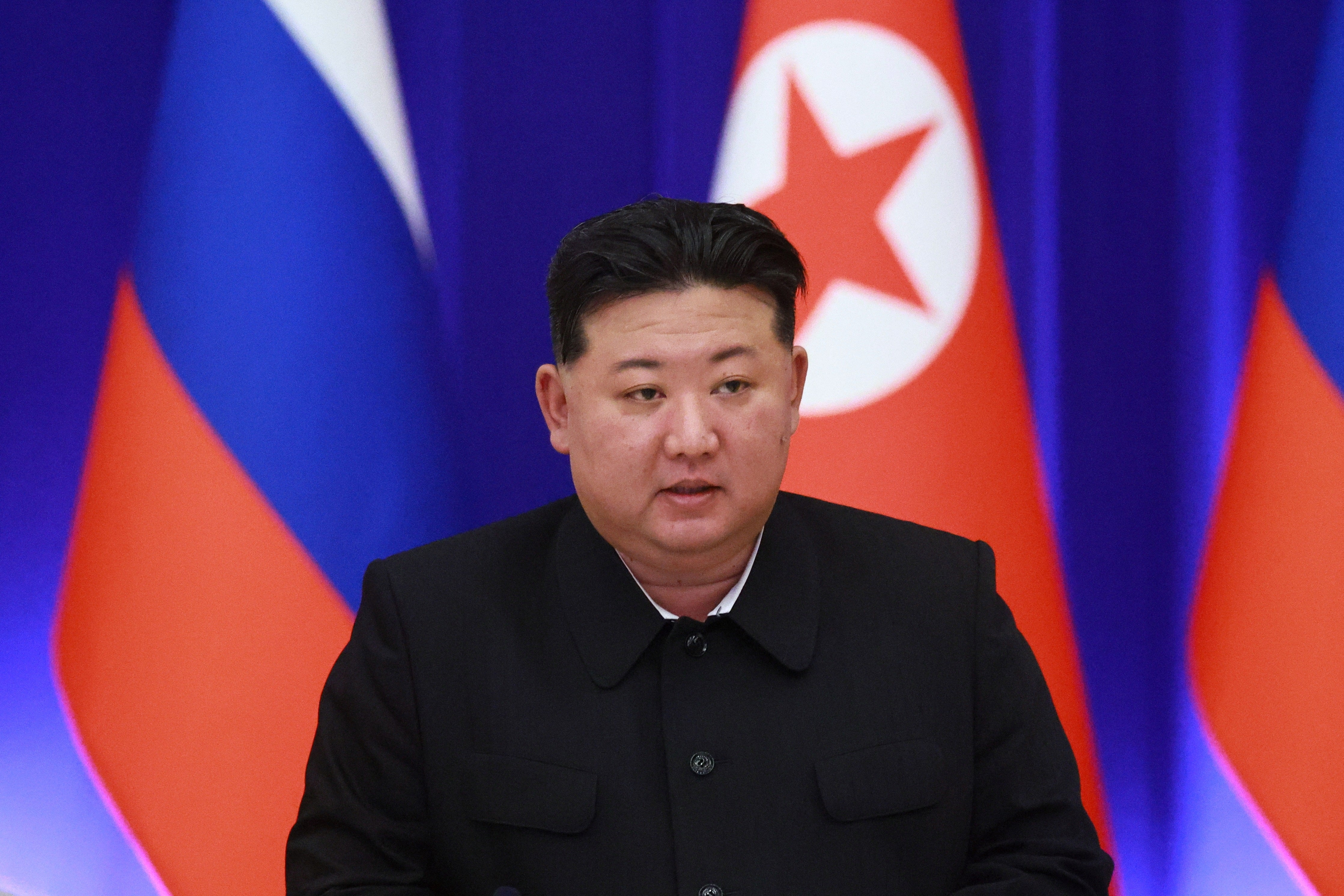 <p>North Korean leader Kim Jong Un attends a reception for Russian president Vladimir Putin at the Mongnangwan Reception House in Pyongyang</p>