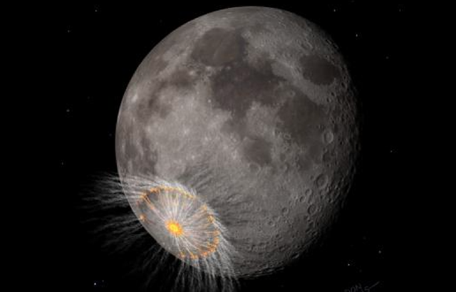 <p>Recreación visual de un gran impacto en la superficie lunar</p>