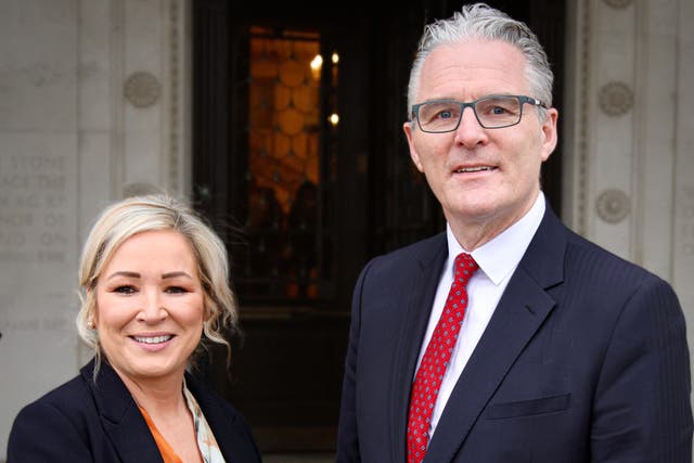 Sinn Fein vice president Michelle O’Neill with GAA president Jarlath Burns at Parliament Buildings in Stormont, Belfast on Tuesday following a meeting (Sinn Fein/PA)