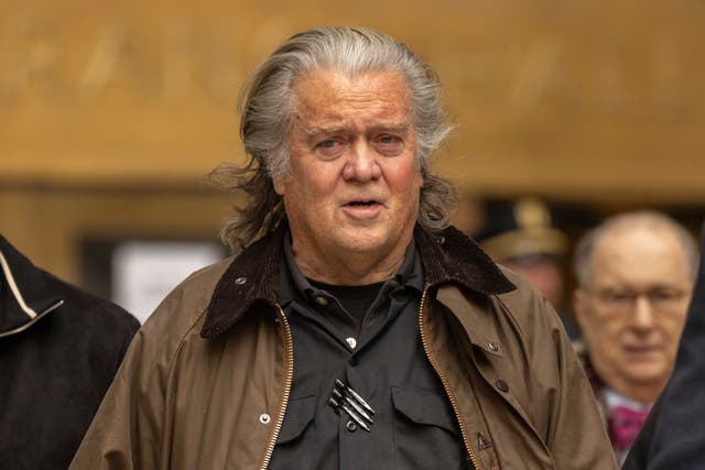 <p> Right-wing podcaster Steve Bannon leaves a Manhattan courtroom this week after he admitted he <a href="https://www.independent.co.uk//news/world/americas/us-politics/steve-bannon-plea-jail-trump-b2696212.html">bilked donors as part spurious multi-million-dollar campaign</a> to build parts of Trump<a href="/topic/donald-trump"></a>’s U.S.-Mexico border wall</p>