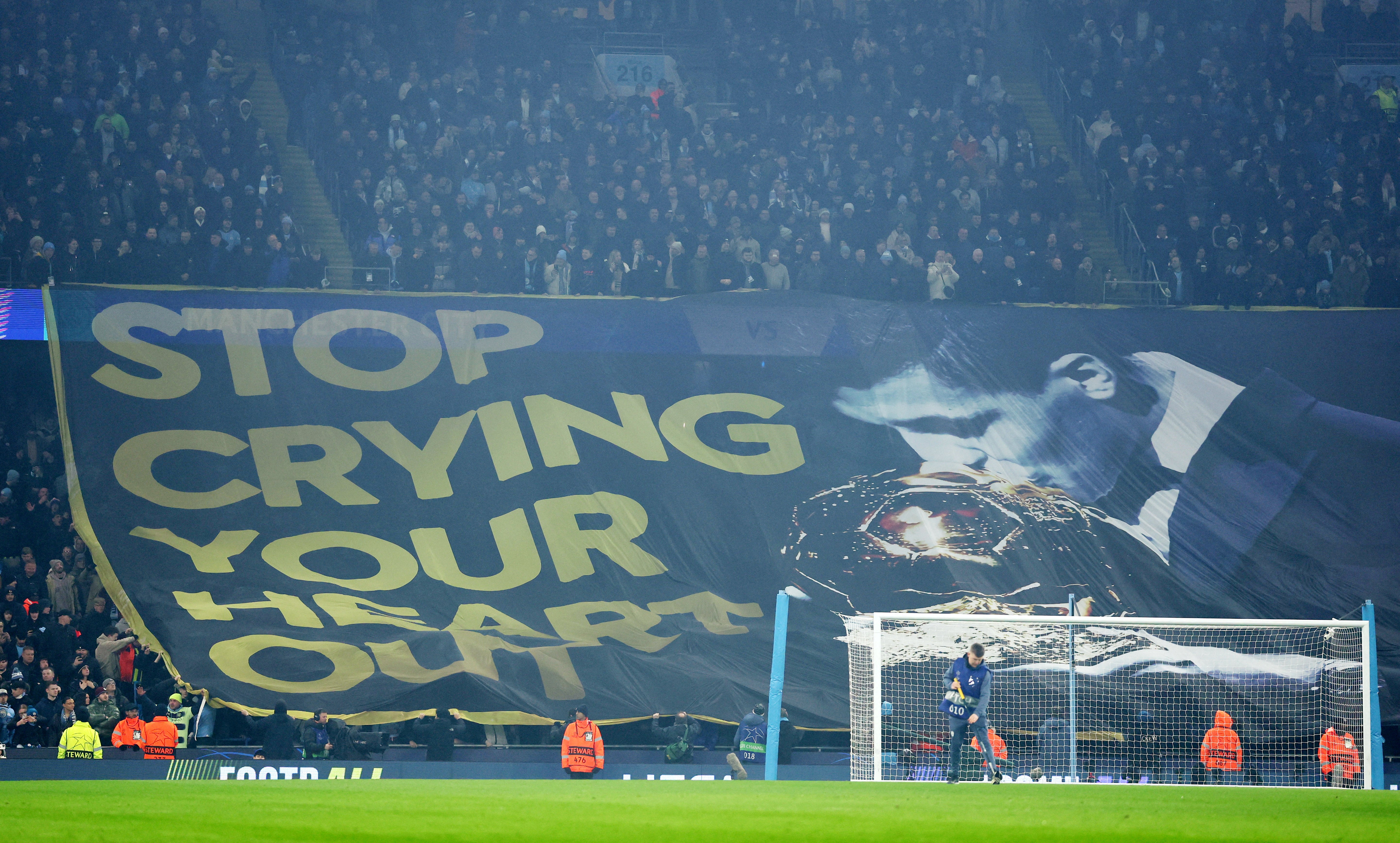 <p>Manchester City fans taunted Vinicius Jr with a large banner at the Etihad Stadium</p>