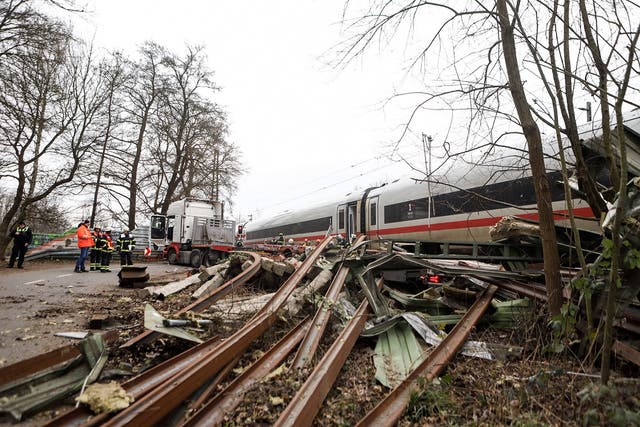 <p> The site of an accident after a Deutsche Bahn high-speed train collided with a semi-trailer in Hamburg</p>