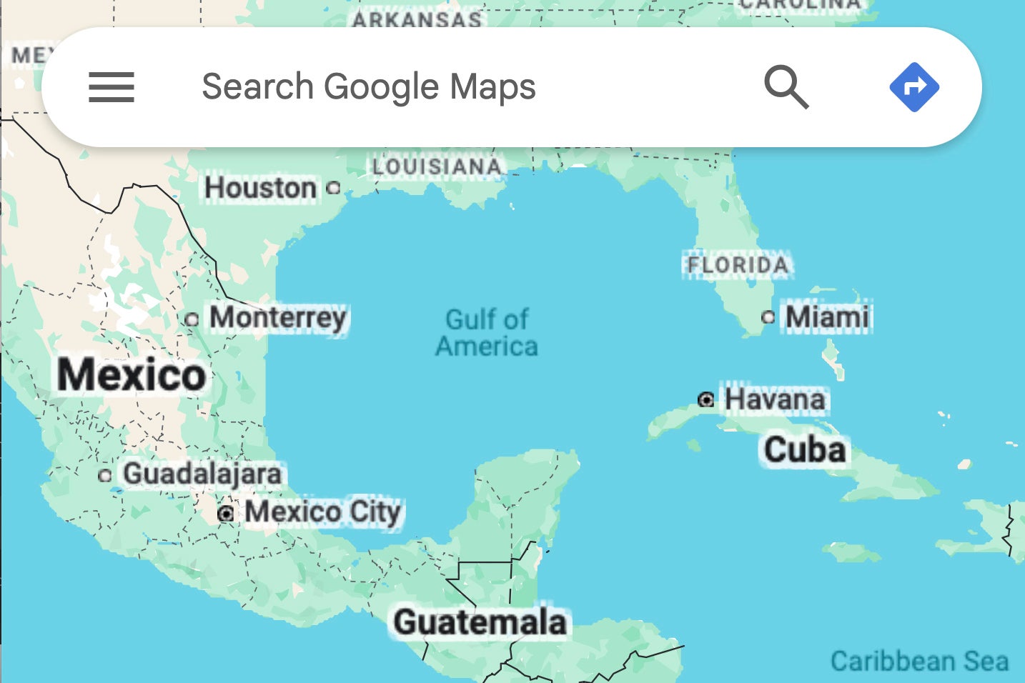 This image from Google Maps viewed from a browser in New York Tuesday shows the Gulf of Mexico renamed the ‘Gulf of America’