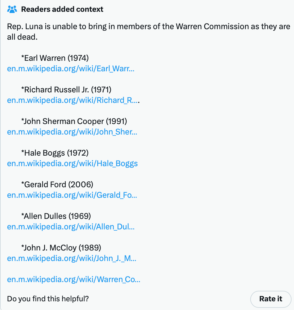 X's Community Notes called out Luna for her claim that members of the Warren Commission would be consulted