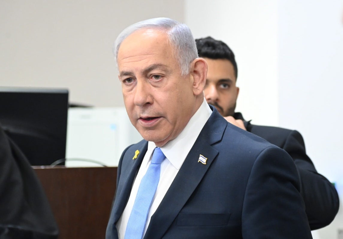 Benjamin Netanyahu attends his trial on corruption charges at the district court in Tel Aviv on 12 February 2025