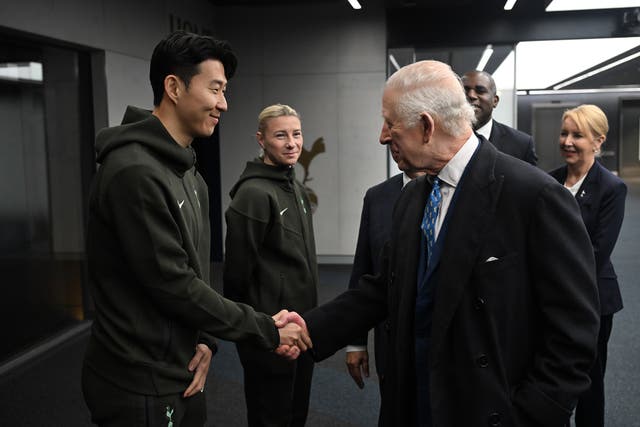 <p>King Charles III  meeting Tottenham Hotspur Women's captain Bethany England and Men's captain Son Heung-Min during a visit to Tottenham Hotspur Stadium, </p>