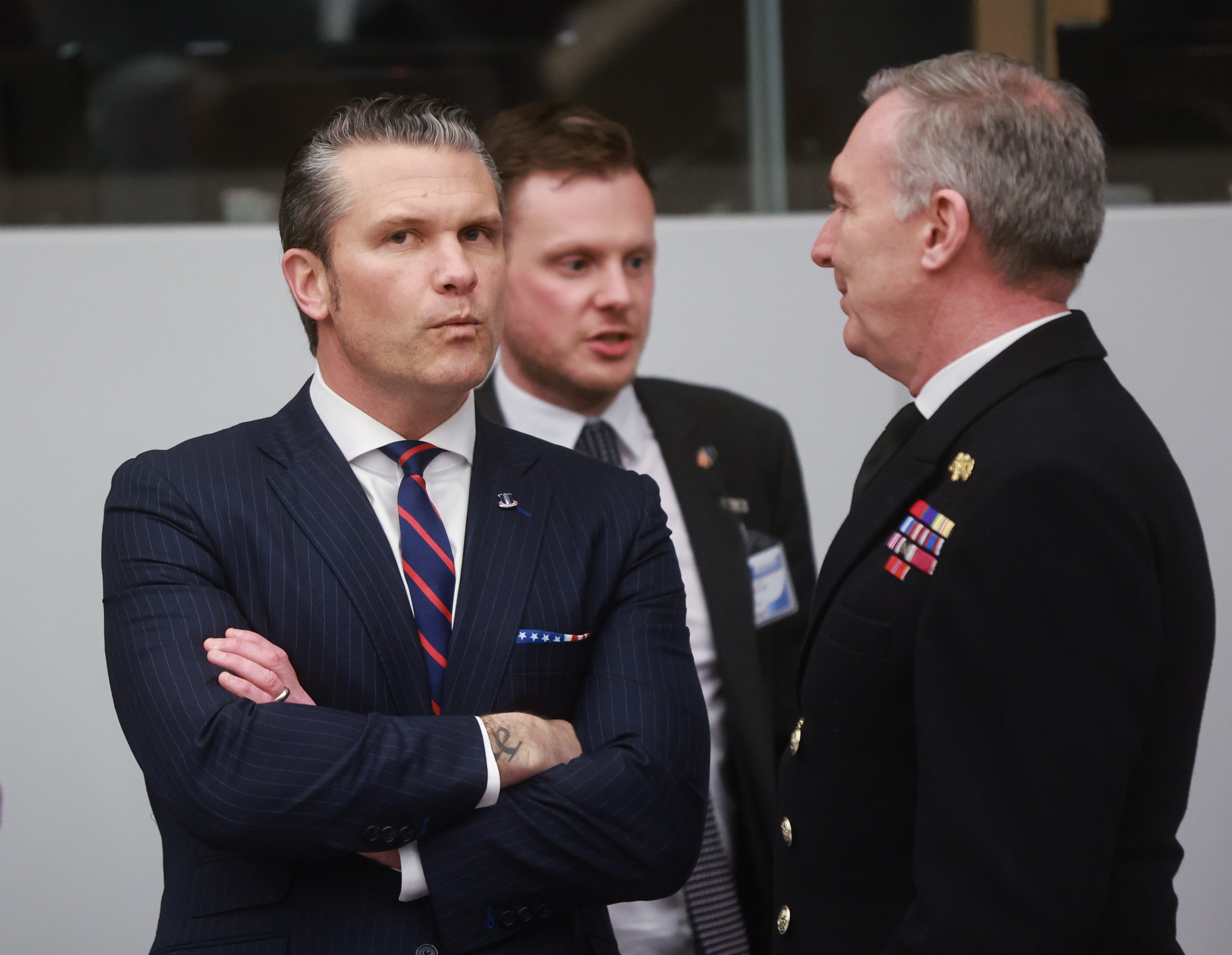 <p>US Defense Secretary Pete Hegseth (L) and British chief of Defense Admiral Sir Tony Radakinm Umerov at the start of the Ukraine Defense Contact group meeting at NATO headquarters in Brussels</p>