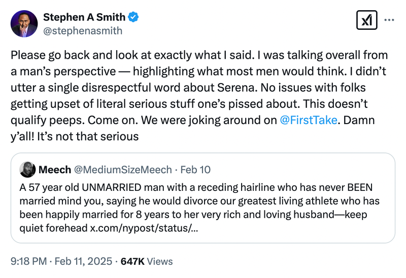 Stephen A. Smith responds to backlash after saying he’d divorce Serena Williams over Super Bowl cameo