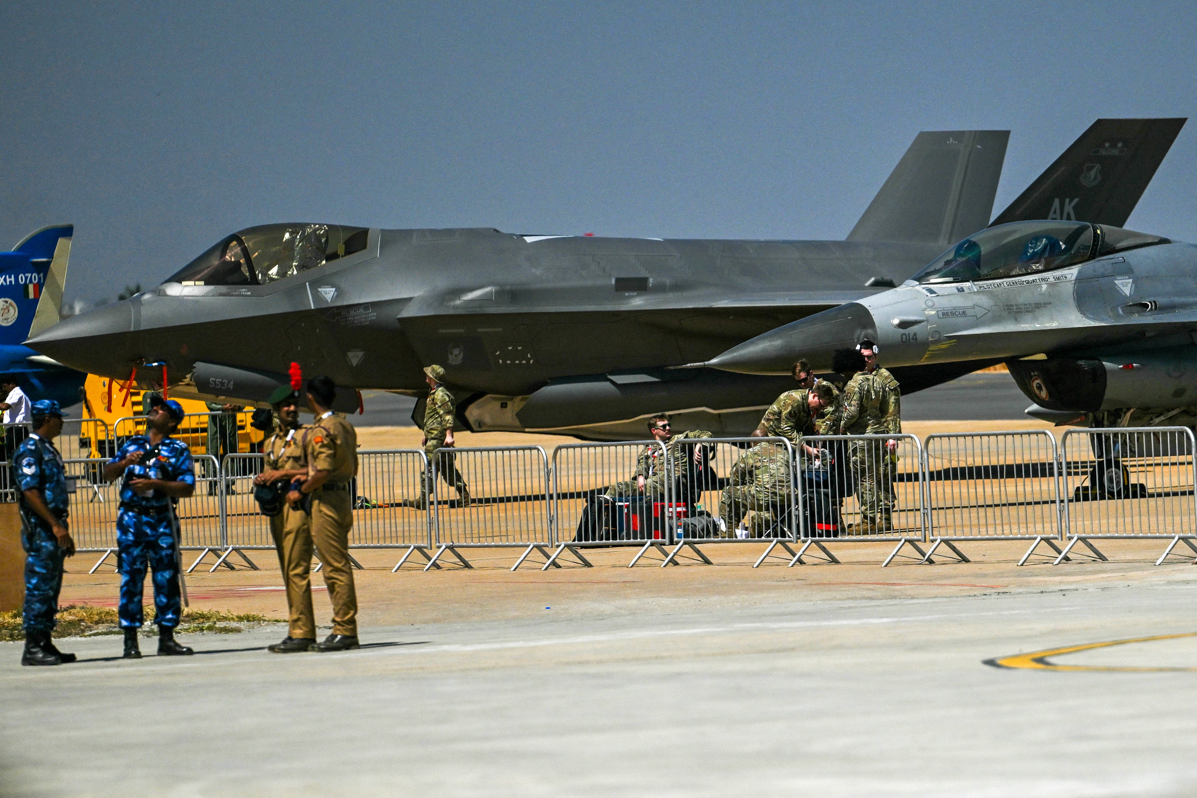 US Air Force's F-35 fifth-generation combatant  craft  is pictured astatine  the tarmac during Aero India 2025