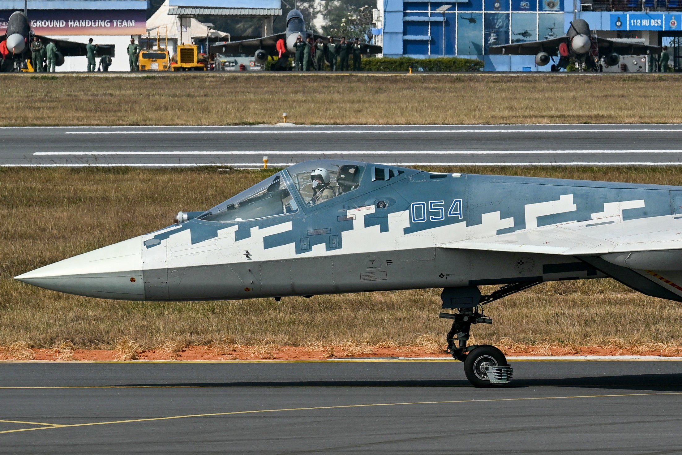 A Russian Sukhoi Su-57 fifth-generation combatant  craft  is pictured astatine  the tarmac astatine  Aero India show