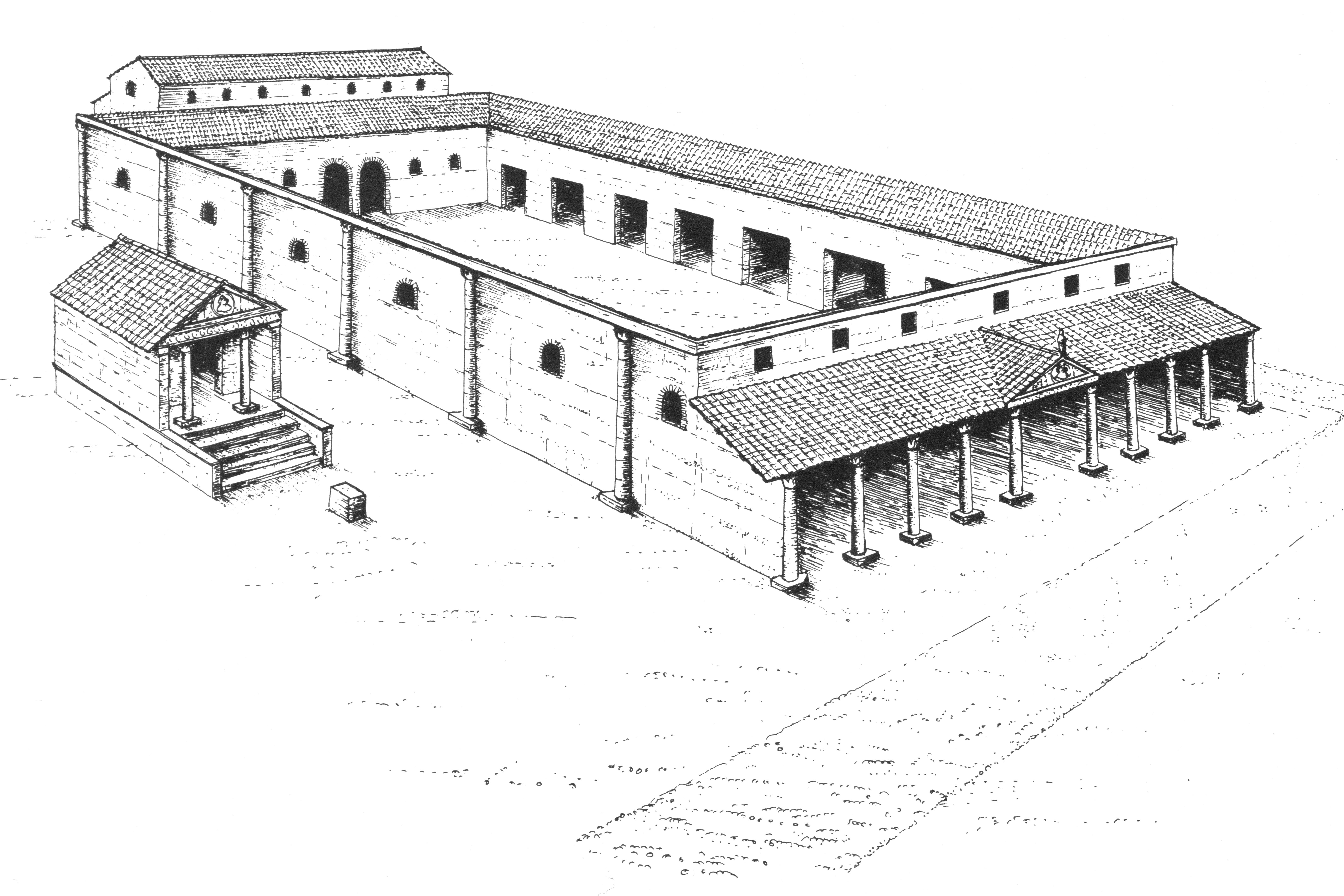 In this photo provided by Peter Marsden, a drawing of a representation of the Roman London Basilica which has been recently unearthed by a redevelopment of a City of London building in London. (Peter Marsden via AP)