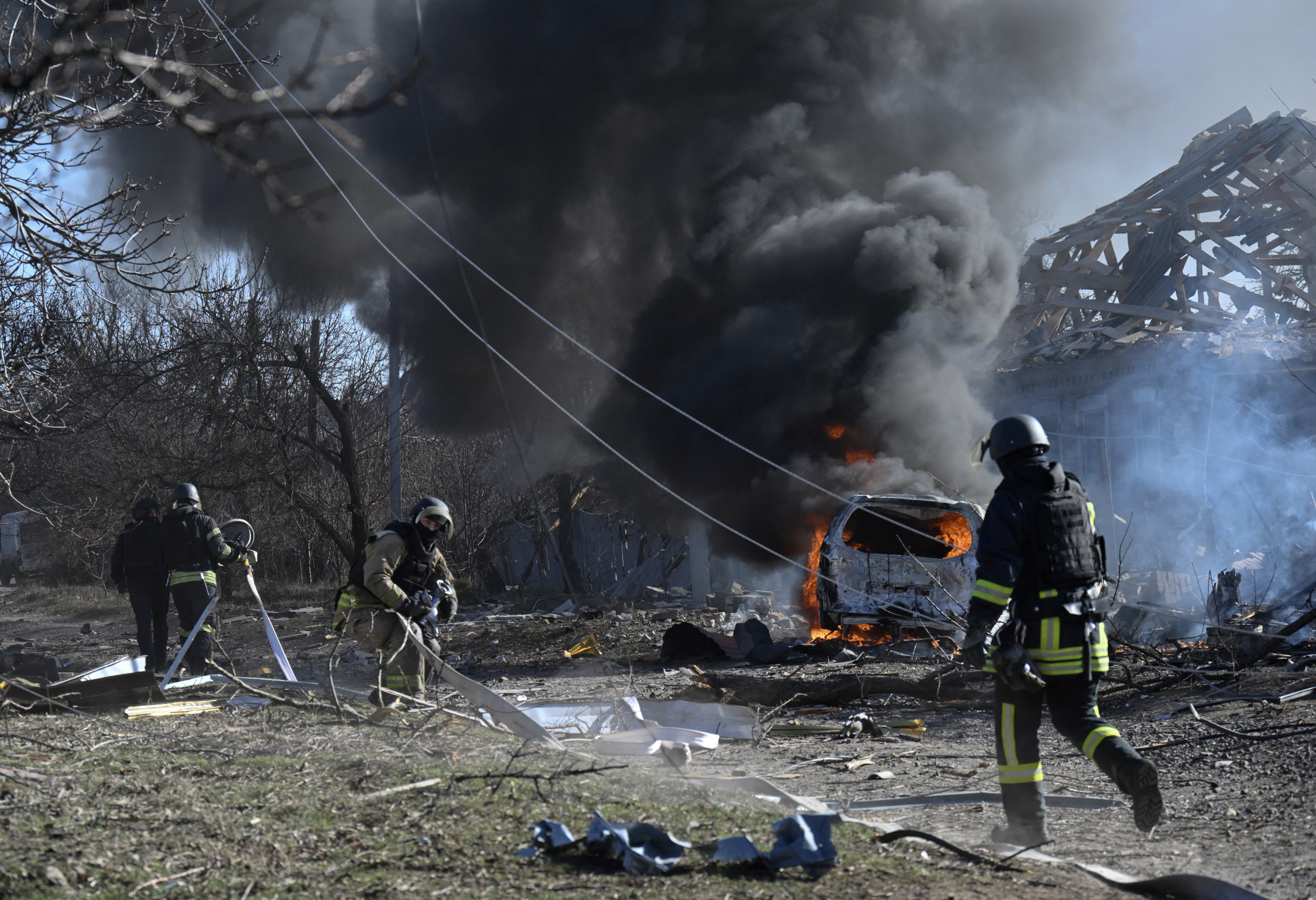 Ukrainian firefighters work at the site of a strike in the city of Kramatorsk. At least one person was killed and 5 injured in the strike on a residential area of Kramatorsk. According to preliminary information, the Russians dropped 2 FAB-250 bombs on the city. A 46-year-old man died from his wounds, and among the wounded was a 16-year-old girl.