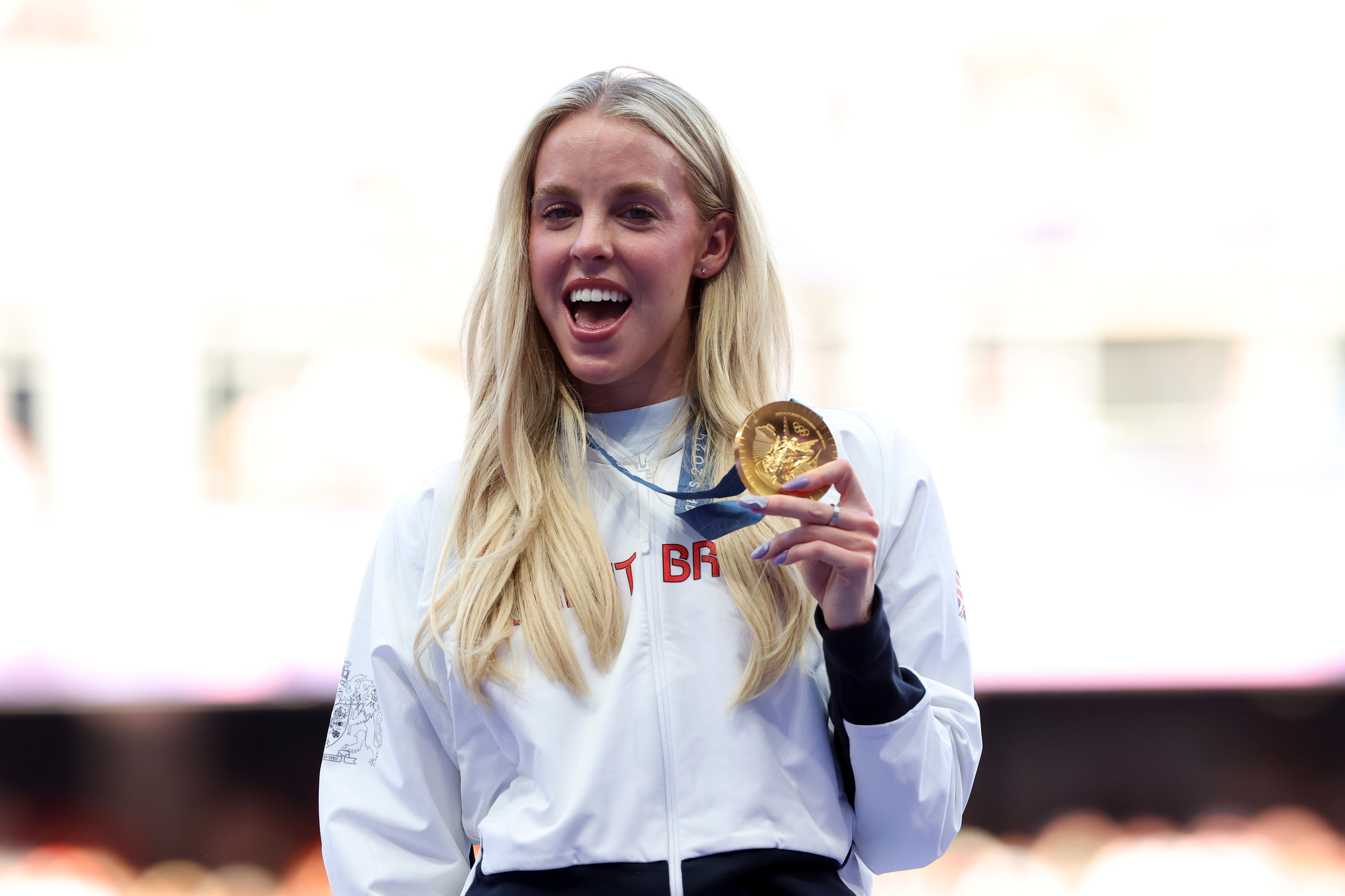 <p>Gold medalist Keely Hodgkinson of Team Great Britain celebrates on the podium</p>