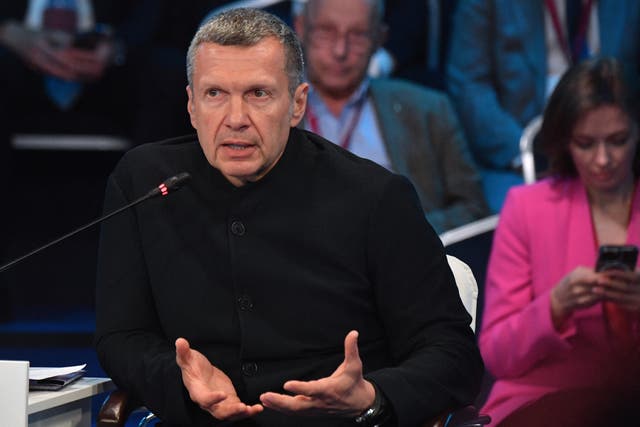 <p>TV presenter Vladimir Solovyov attends the Saint Petersburg International Economic Forum in Saint Petersburg on June 6, 2024. He was one of the pundits who was elated about the Trump administration’s recent statements about Ukraine</p>