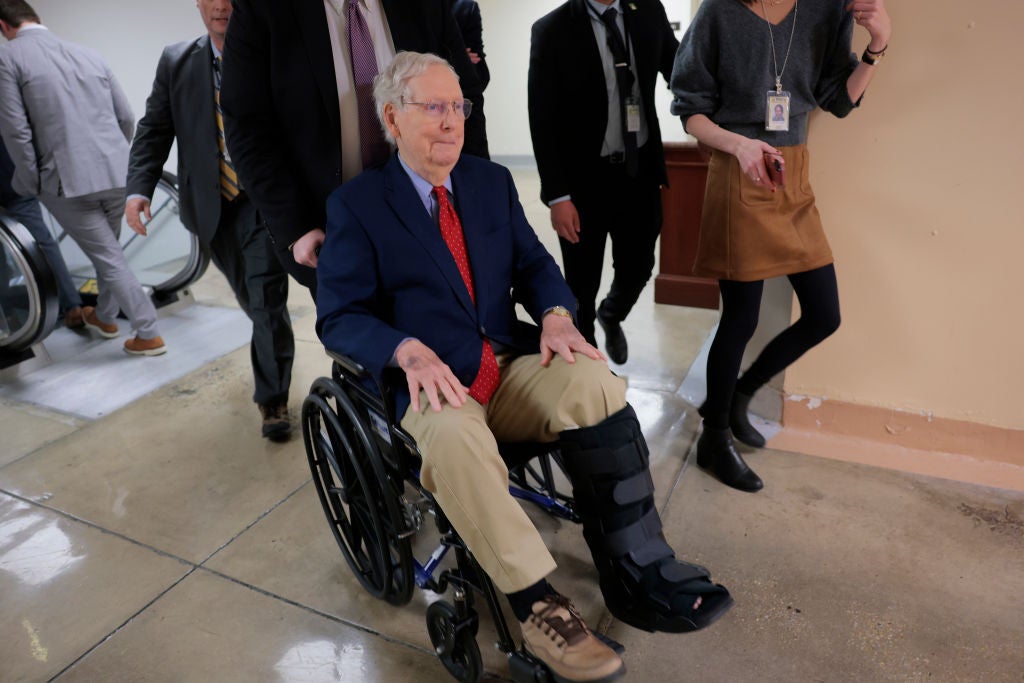 McConnell, 82, appeared for votes in a boot cast and using a wheelchair after suffering two falls on the same day in a Senate stairwell earlier in February.