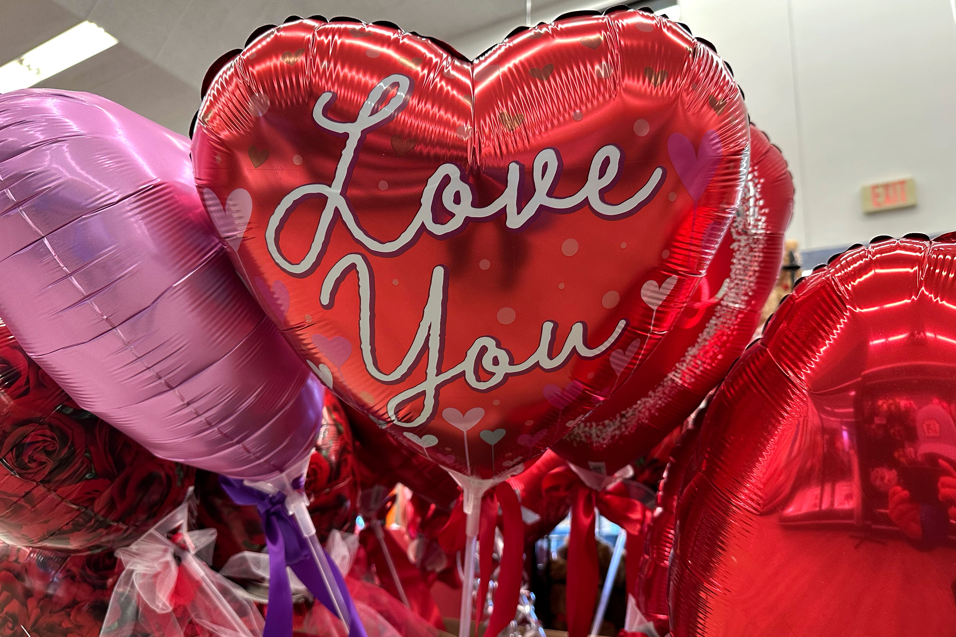 Heart-shaped balloons on sale for Valentine’s Day