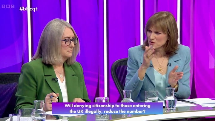<p>BBC Question Time host Fiona Bruce and Labour minister in heated clash over migrant crackdown.</p>