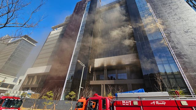 <p>Smoke billows from a construction site in Busan, South Korea, Friday, Feb. 14, 2025</p>