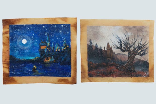 Some of Mrs West’s Harry Potter inspired tea bags which show Hogwarts (left) and The Whomping Willow (right) (Caroline West/PA)