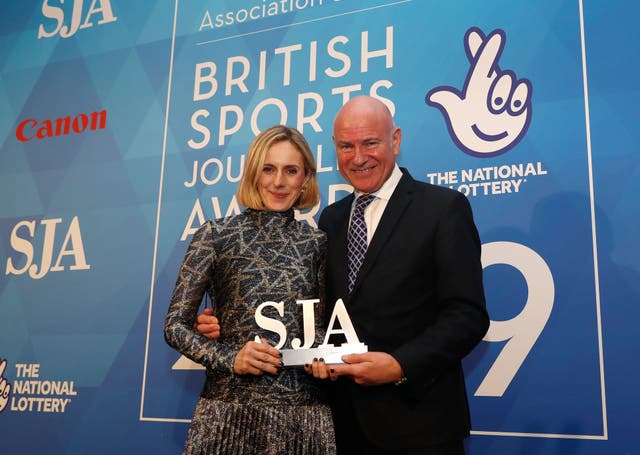 <p>Patrick Barclay with the Guardian's Marina Hyde at the SJA British Sports Journalism Awards in 2020</p>