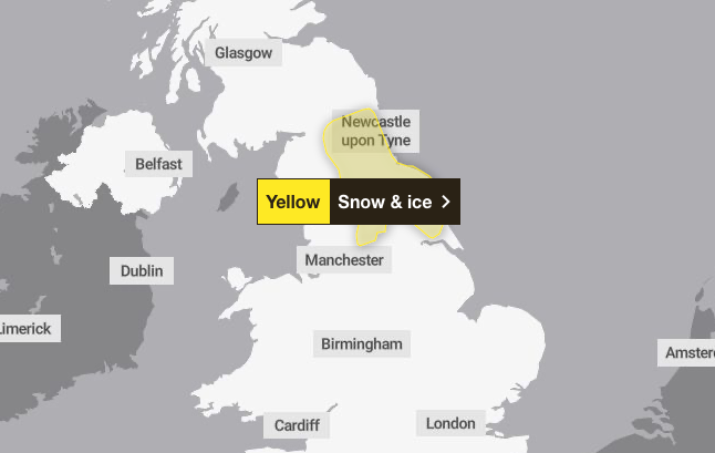 A snow and ice warning was issued for the northeast and northwest of England on Saturday