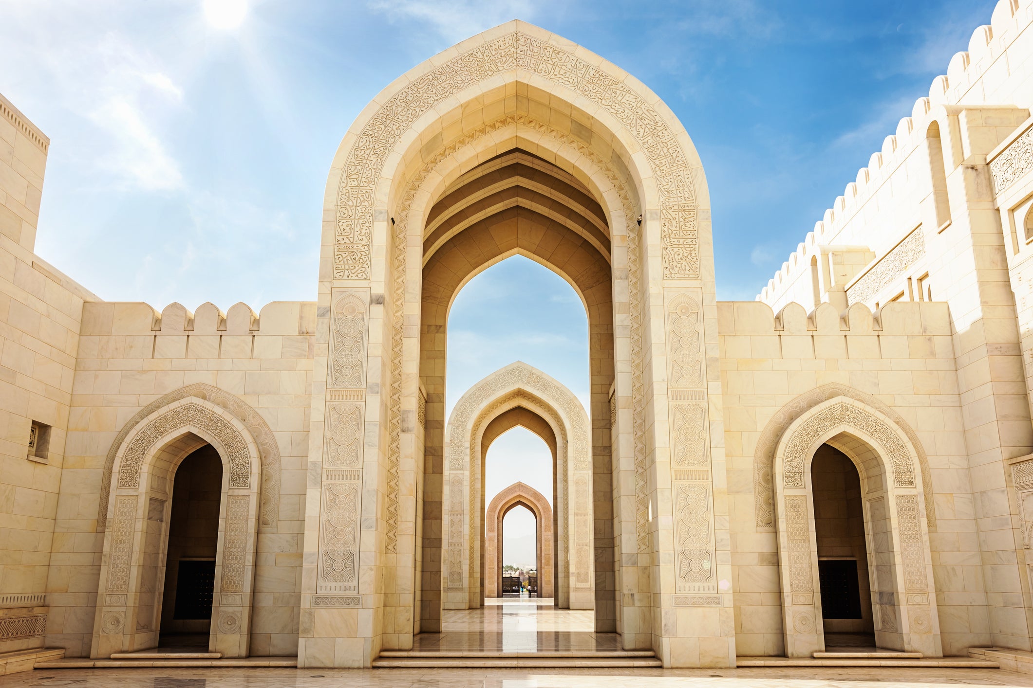 The clean lines of Sultan Qaboos Grand Mosque in Muscat, Oman