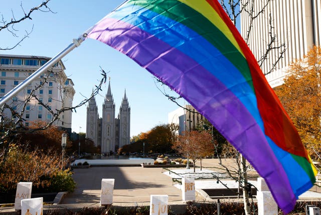 <p>A Pride flag pictured flying in Salt Lake City, Utah, in 2015. A GOP state lawmaker says a new bill would ban the flag in schools, but would allow for the Nazi and Confederate flags to be temporarily displayed as part of the curriculum</p>