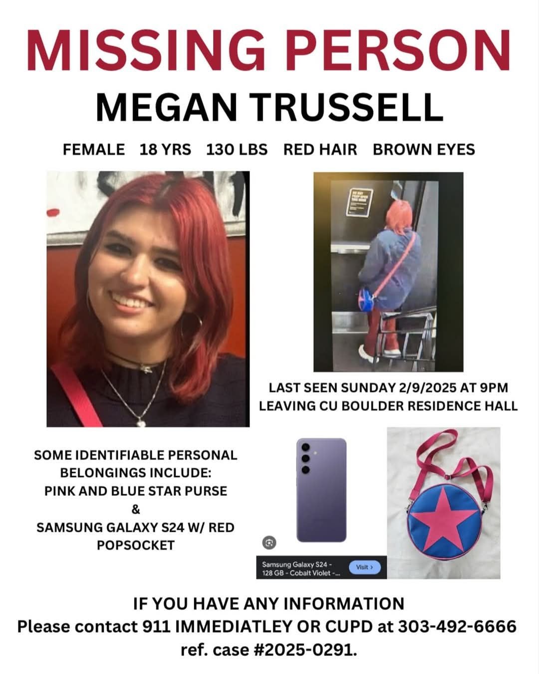 Megan Trussell, 18, was last seen Sunday and has not been seen or heard from since, according to family. Her phone, and handbag were pictured in the pamphlet being handed out around Boulder