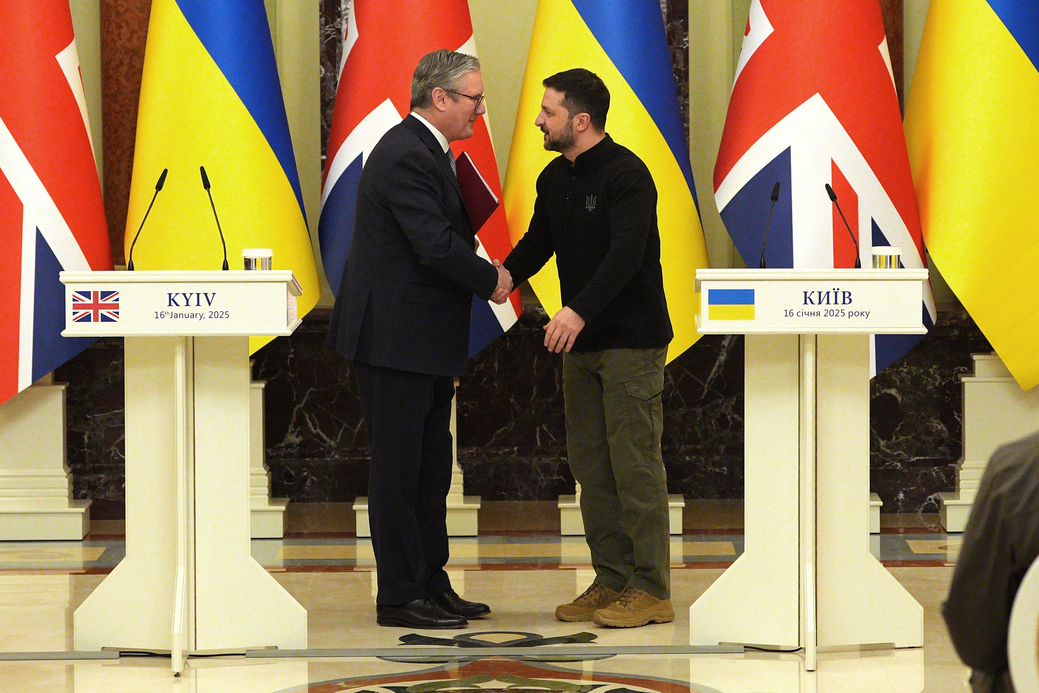 Prime minister Sir Keir Starmer and Ukrainian president Volodymyr Zelensky shake hands ahead of their bilateral talks in Kyiv on January 16 2025