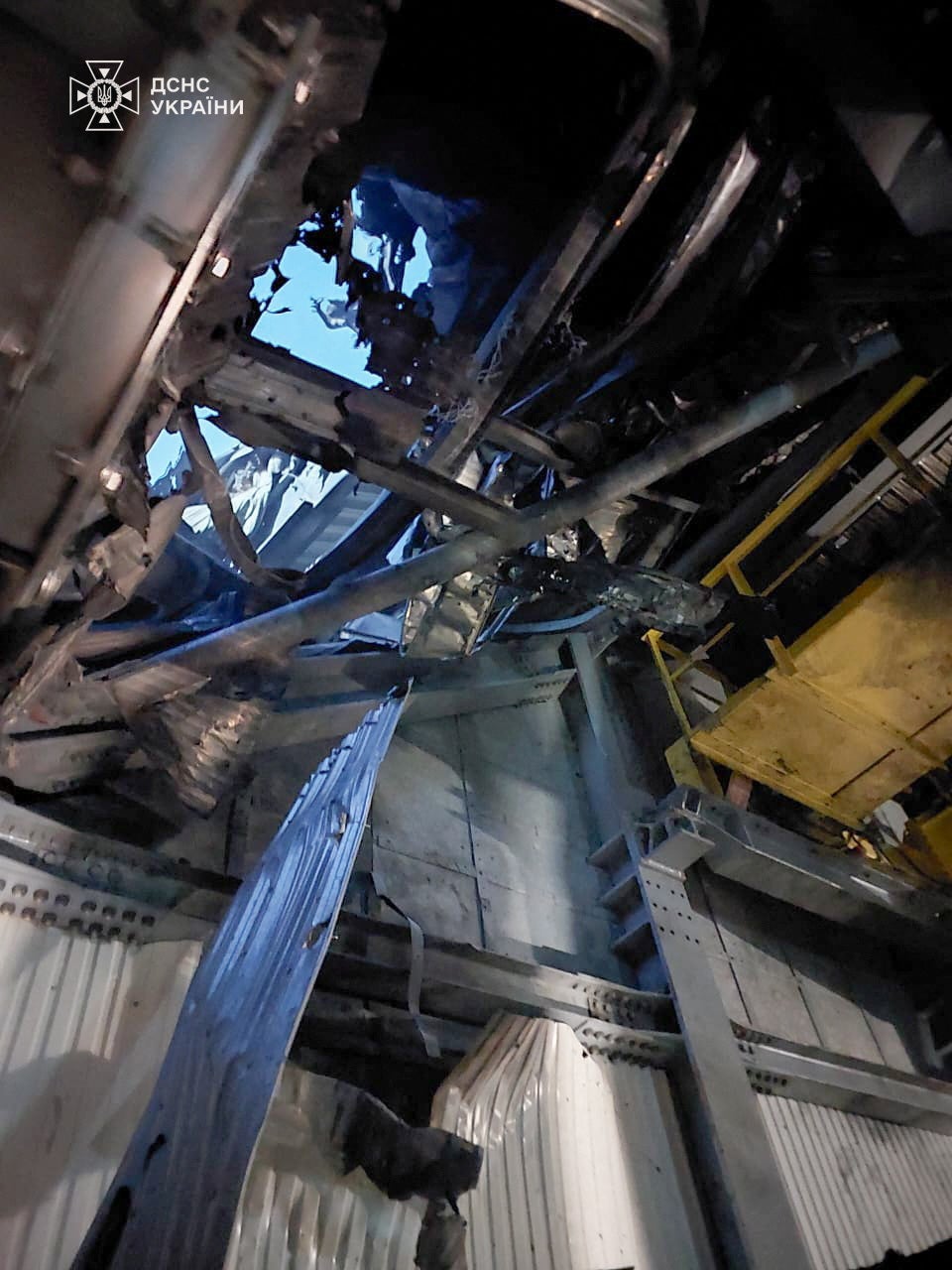 A view from inside the protective shelter showing the damage caused by the explosion