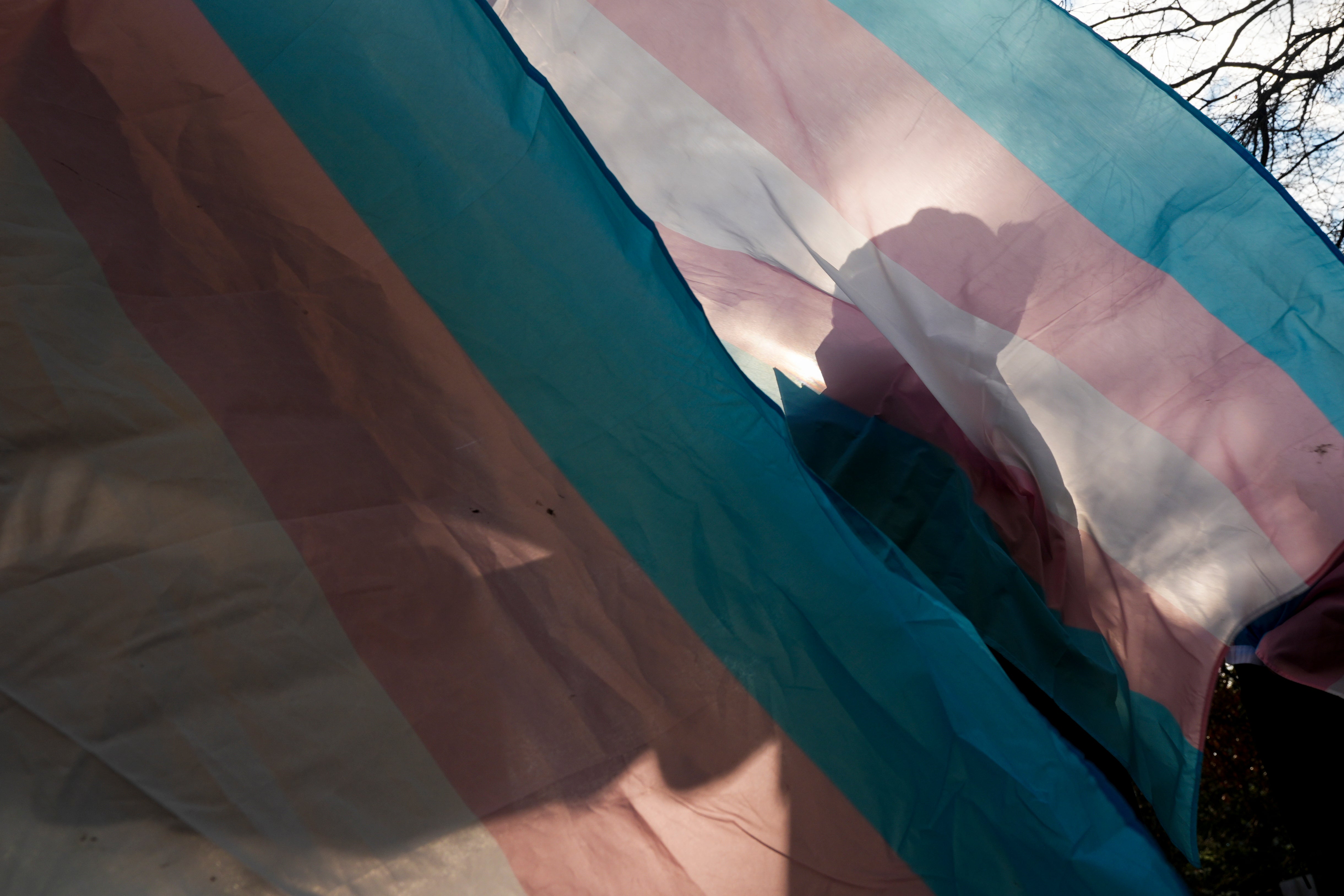 A protester is silhouetted against a trans pride flag during a pro-transgender rights protest in Seattle