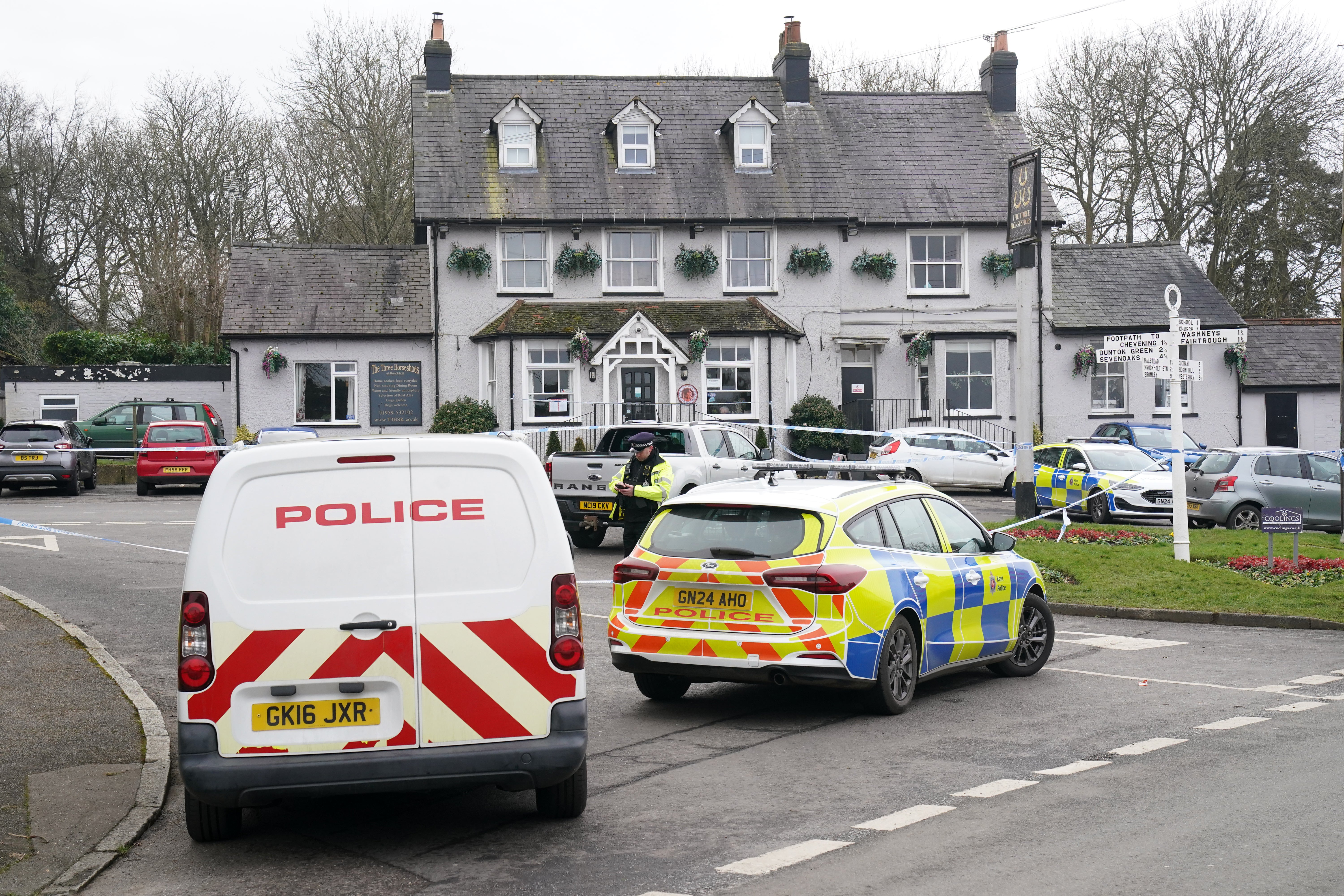 A police cordon outside the Three Horseshoes pub in Knockholt, Sevenoaks in Kent