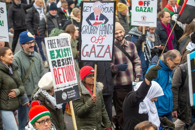 Thousands of pro-Palestine demonstrators march to US embassy in London over Trump’s Gaza plan