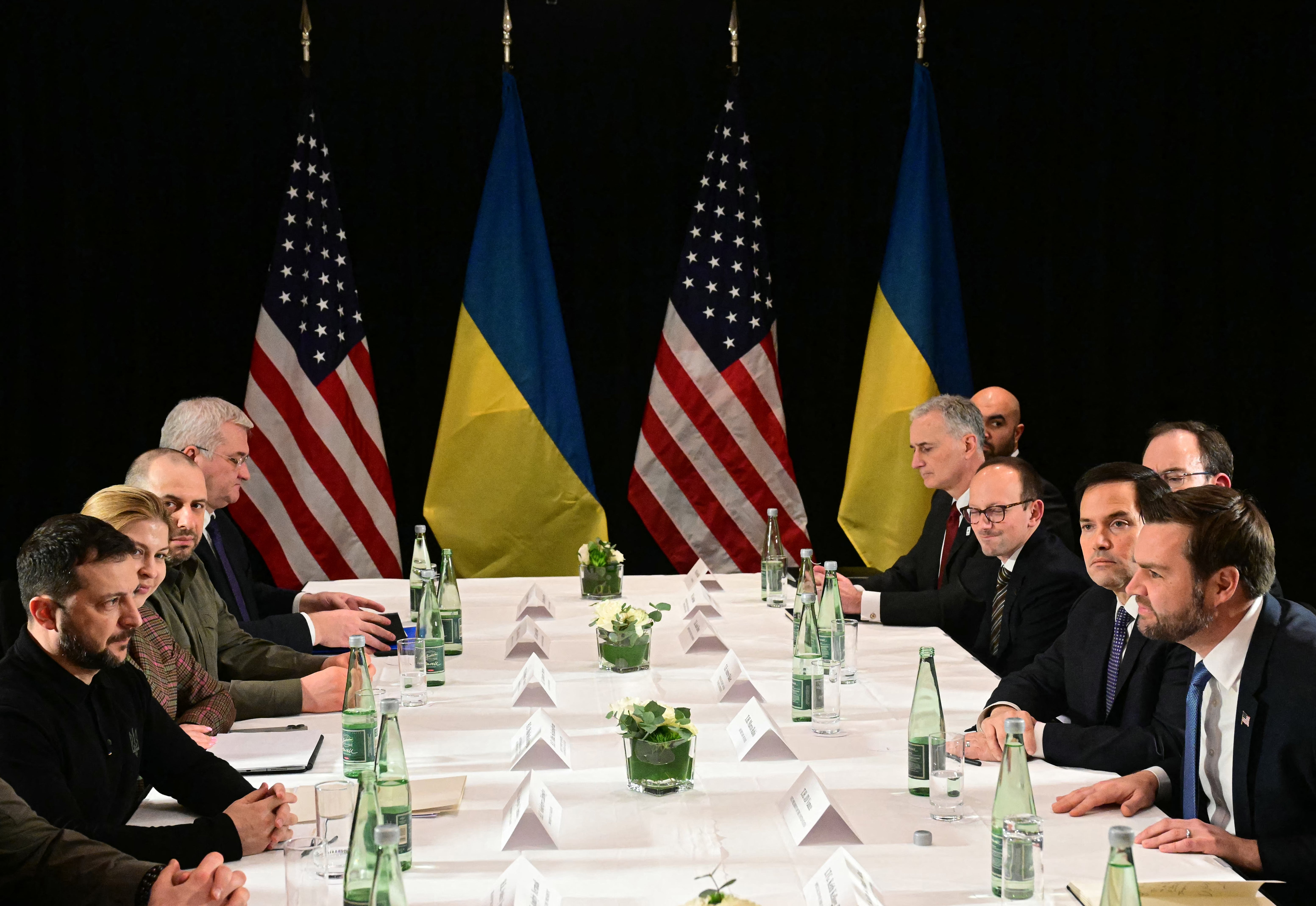 US vice-president JD Vance, right, US secretary of state Marco Rubio, second right, and Ukrainian president Volodymyr Zelensky, left, meet on the sidelines of the Munich security conference