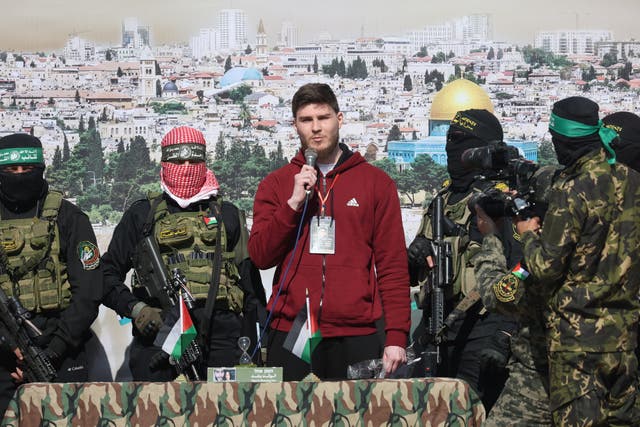 <p>Russian-Israeli Sasha (Alexander) Troufanov, a hostage held in Gaza since the deadly October 7, 2023 attack, speaks as he is released by Palestinian Hamas and Islamic Jihad militants</p>