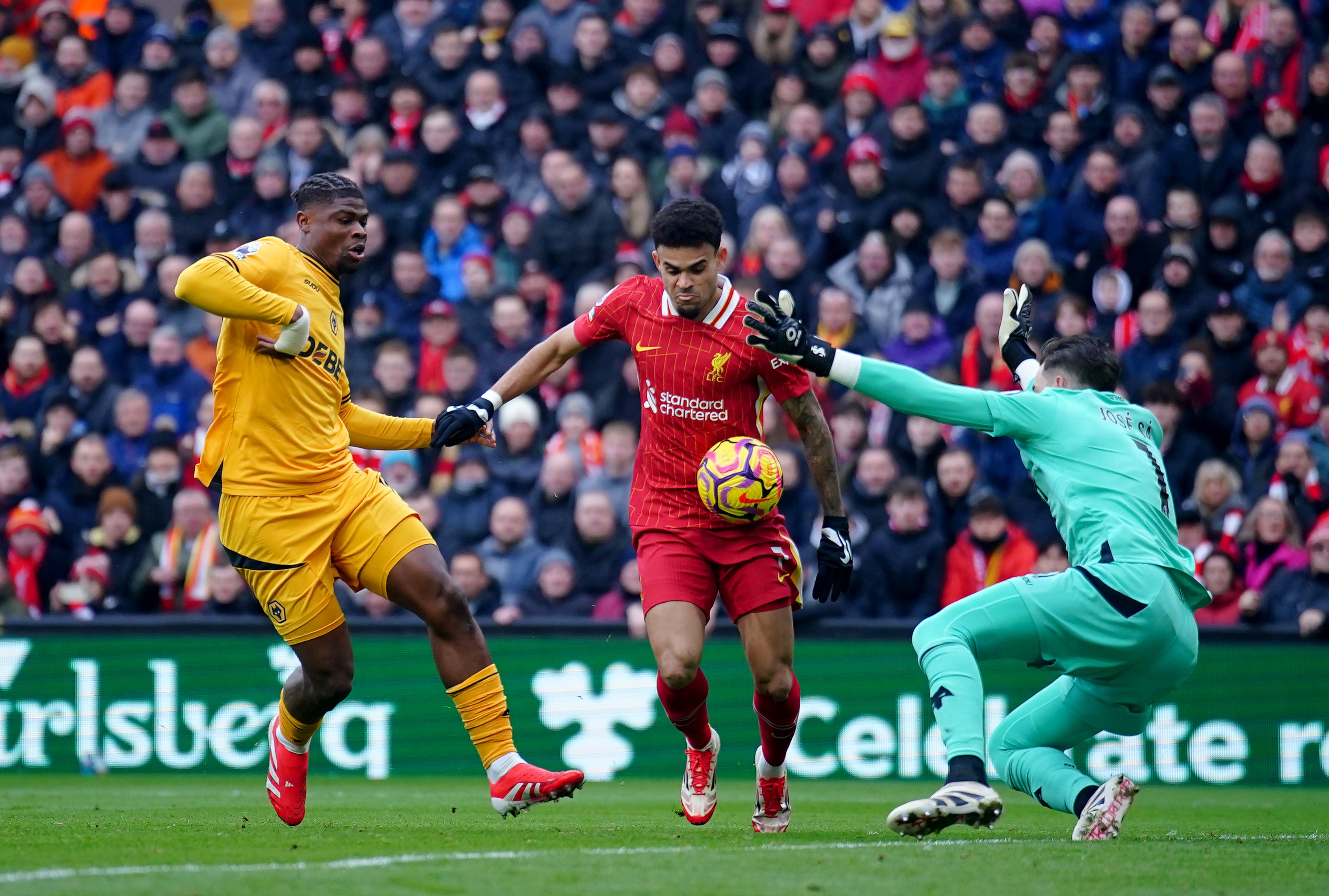 Luis Diaz scored an unorthodox goal by chesting the ball past a lunging Jose Sa