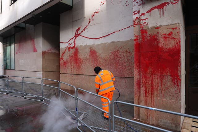 <p>Red paint sprayed on the walls of the BBC by Palestine Action</p>