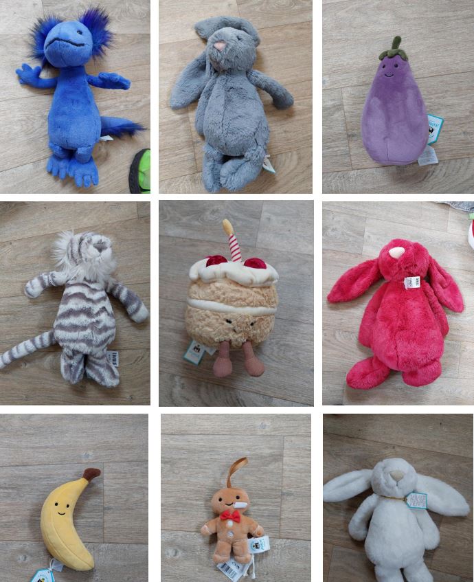 Some of the Jellycat toys that police seized from Ruby Smith’s home, where around 40 of the collectables were found. (Norfolk Police/ PA)